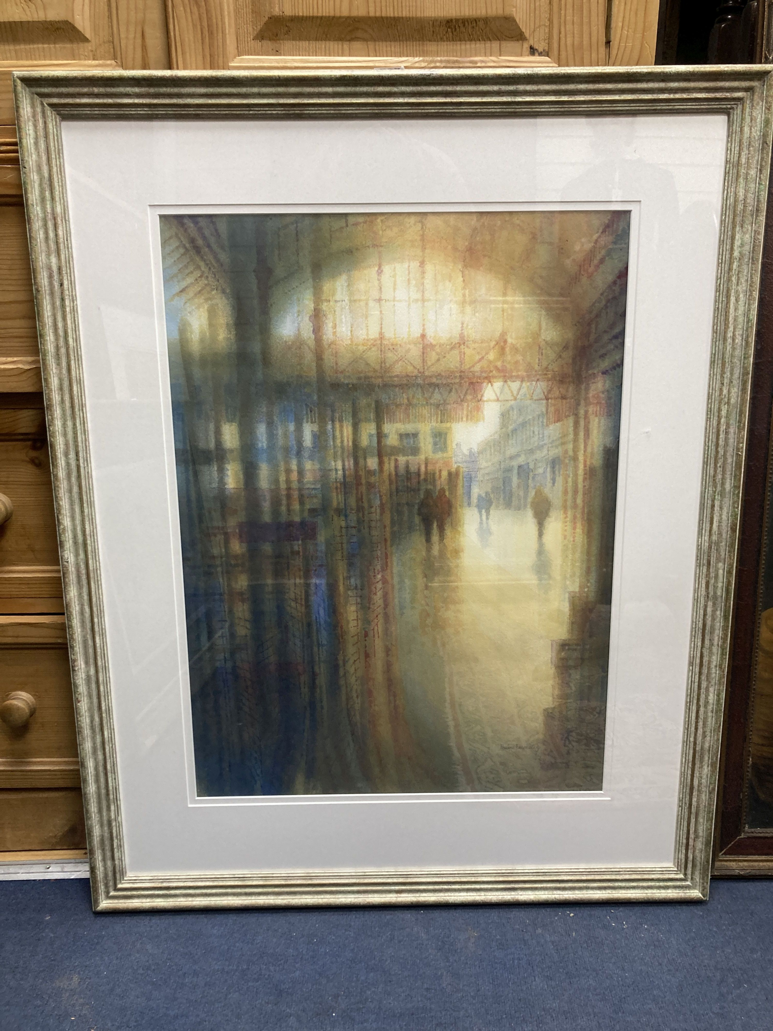 Pauline Fazakerley, watercolour, London market, evening light, signed, 69 x 51cm